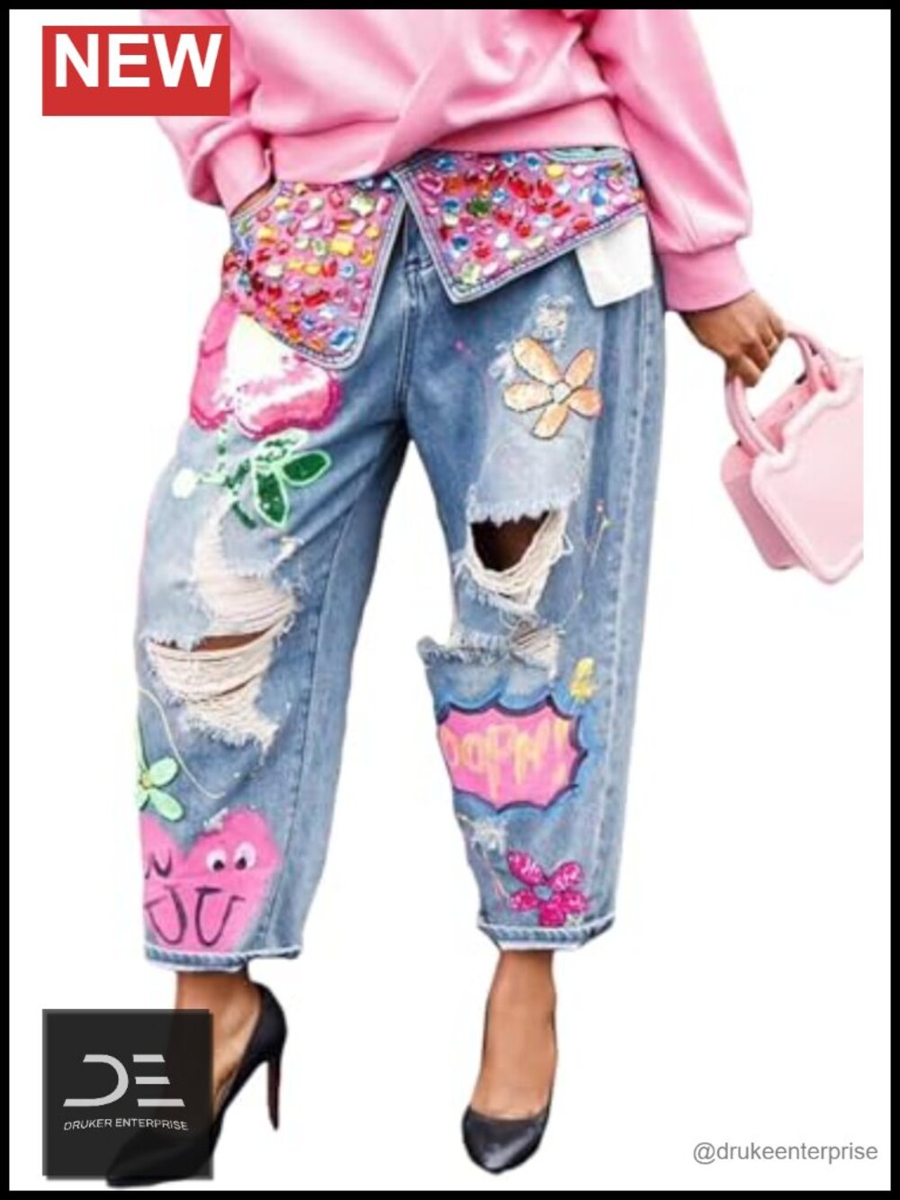 High Waist Wide Leg Barrel Jeans Rhinestone Ripped Distressed Denim Pants